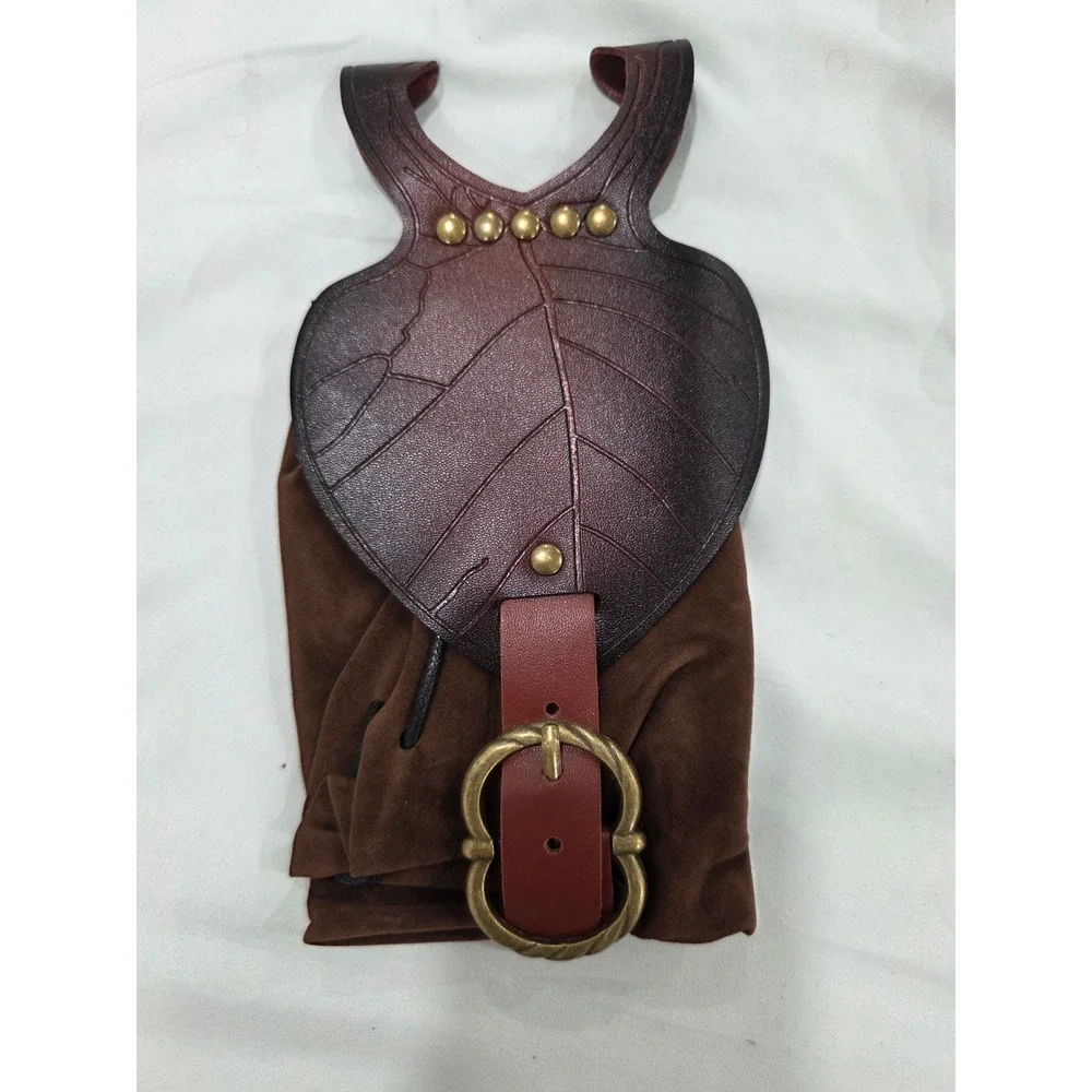 Medieval Celtic Knot Embossed Belt and Leaf Flap Pouch Set Brown LARP Cosplay